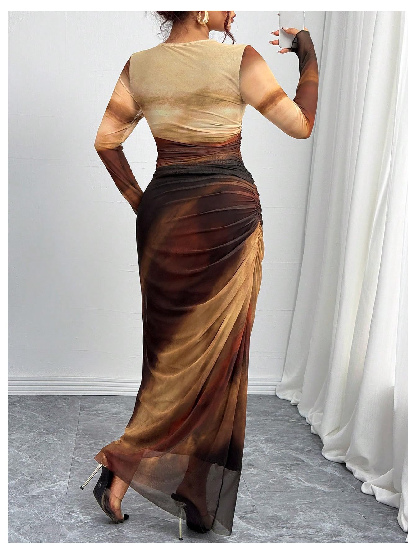 Women's Tie Dye Ruched Long Sleeve Bodycon Maxi Dress - Slim Fit Mesh Party Dress for Night Out, Date Night & Summer Vacation