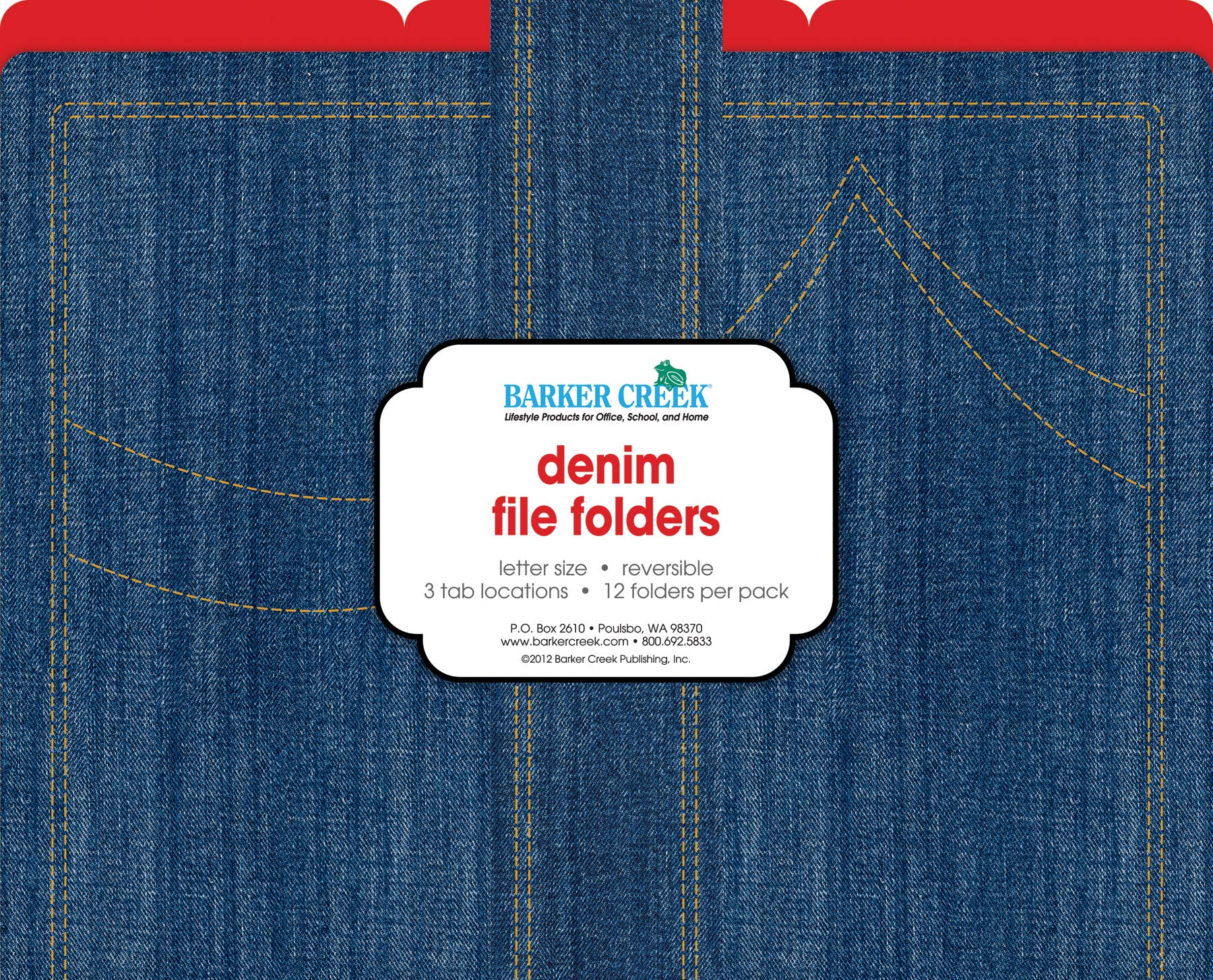 Barker Creek Designer File Folders Set of 12 - Denim Pattern with Vibrant Red Interior, Letter Size, 1/3 Cut Tabs - Perfect for Home, School & Office Organization (1302)