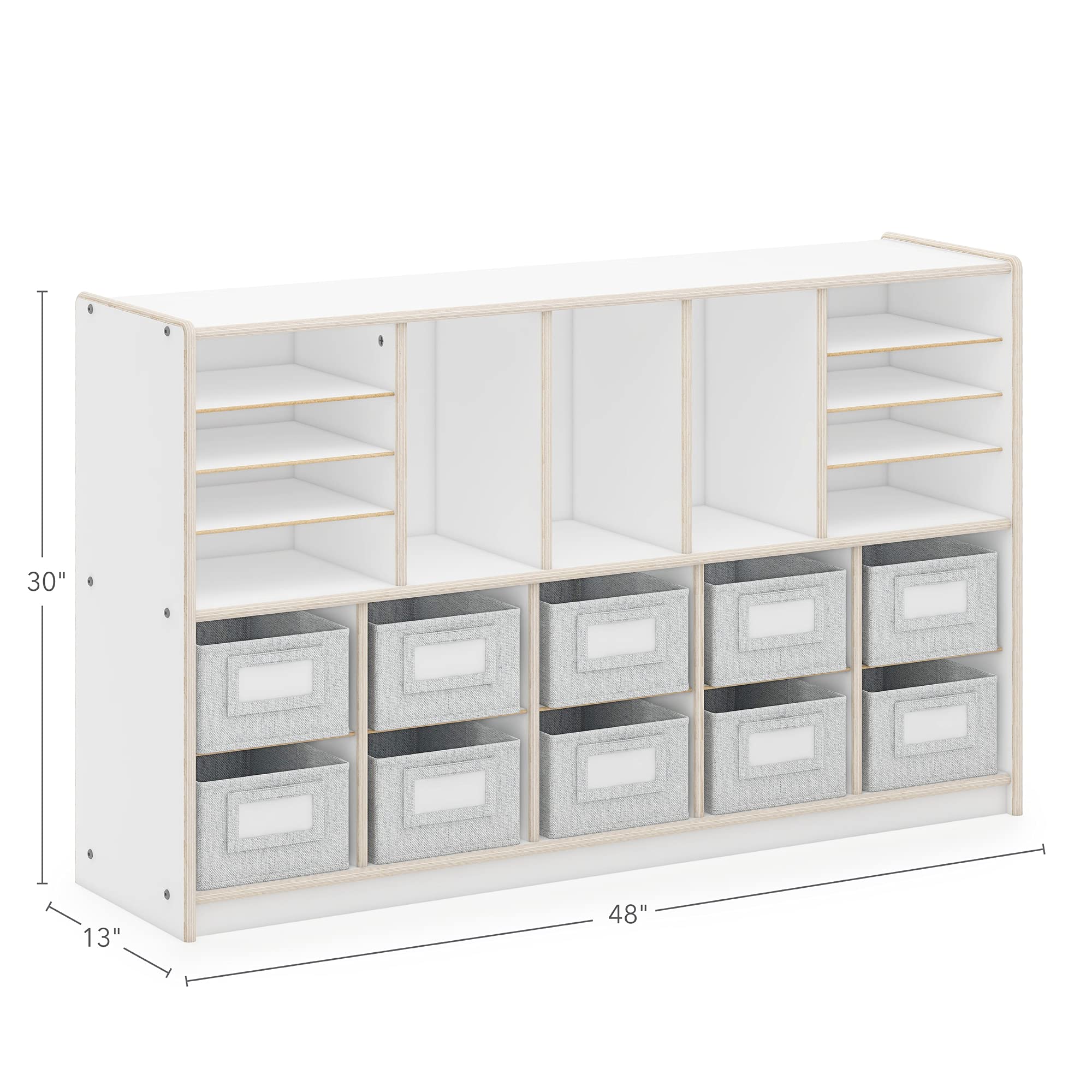 Guidecraft EdQ Shelves and 10 Bin Storage Unit - White Wooden Bookcase & Toy Organizer for Kids | Classroom, Playroom & Home Storage Solution | Books, Toys & School Supplies Organization
