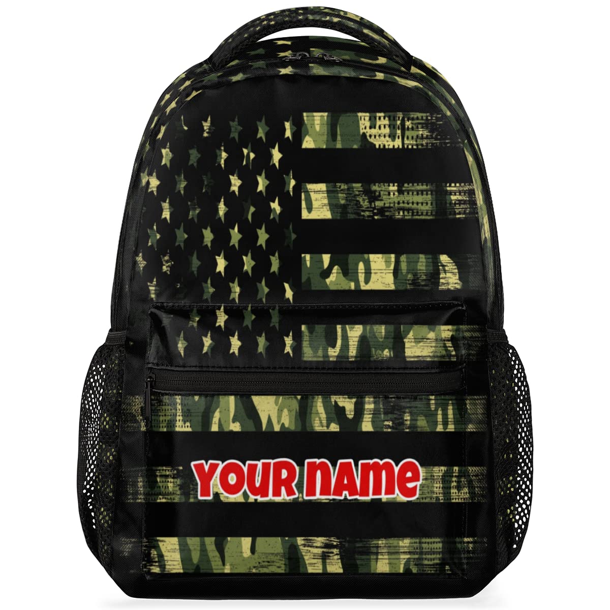 American Flag Camo Personalized Backpack - Custom Name Camouflage School Bag, Laptop Bookbag for Hiking, Gym, Travel & Daily Use | Durable Shoulder Daypack for Students & Outdoor Adventures