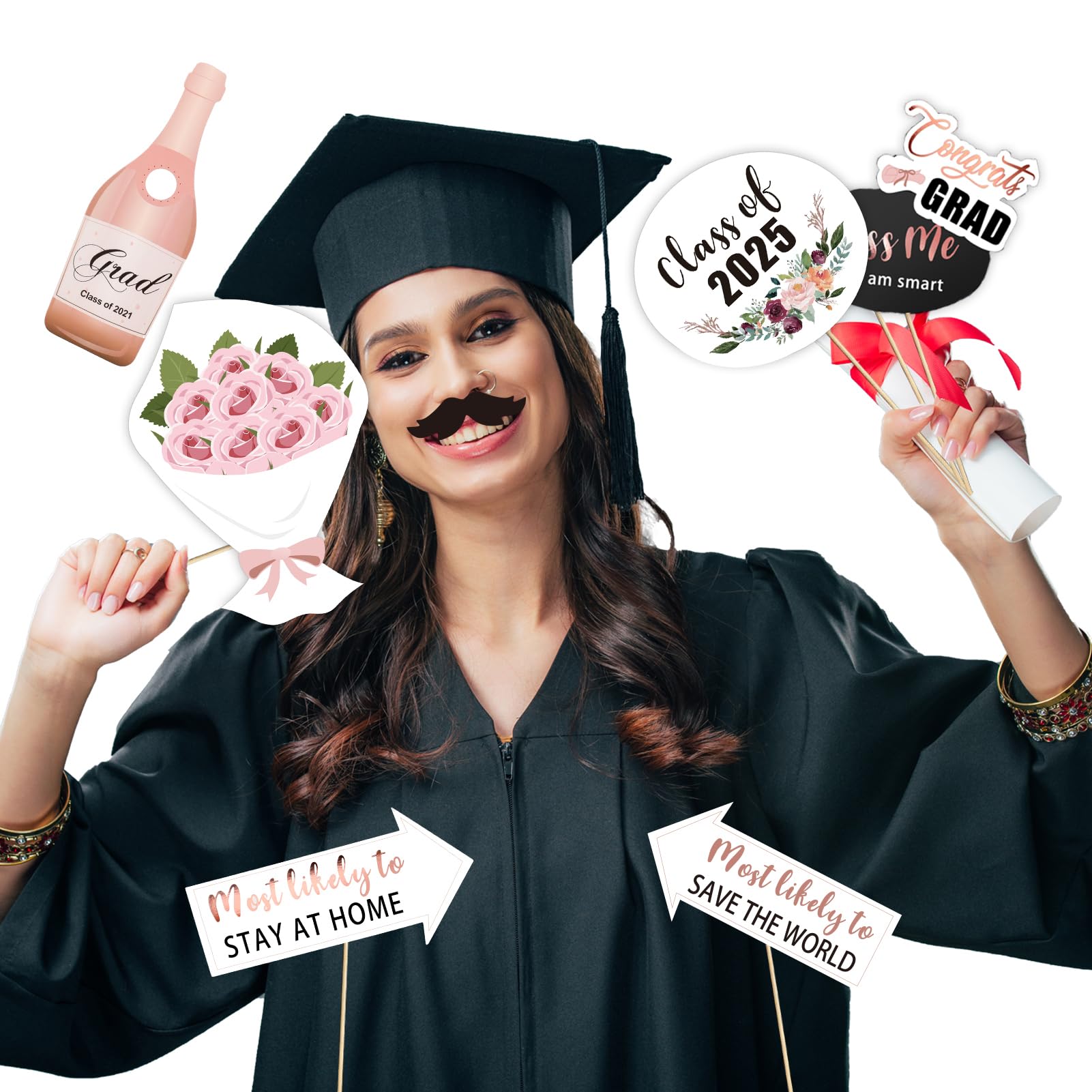Rose Gold Graduation Photo Booth Props Kit - Class of 2025 Party Decorations with 39 Sticks | Perfect for Graduation Parties, Photo Booths & School Celebrations