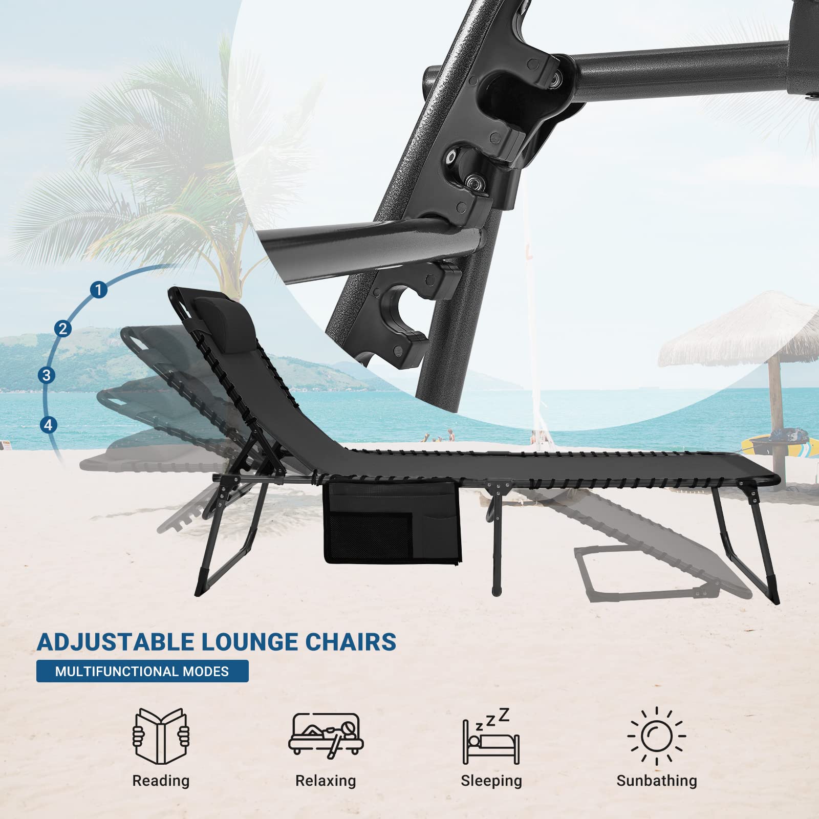 KingCamp Folding Adjustable Patio Chaise Lounge Chair - Heavy Duty Portable Reclining Outdoor Chaise for Pool, Beach, Sunbathing, Deck & Lawn - Perfect for Camping, Backyard Relaxation & Travel