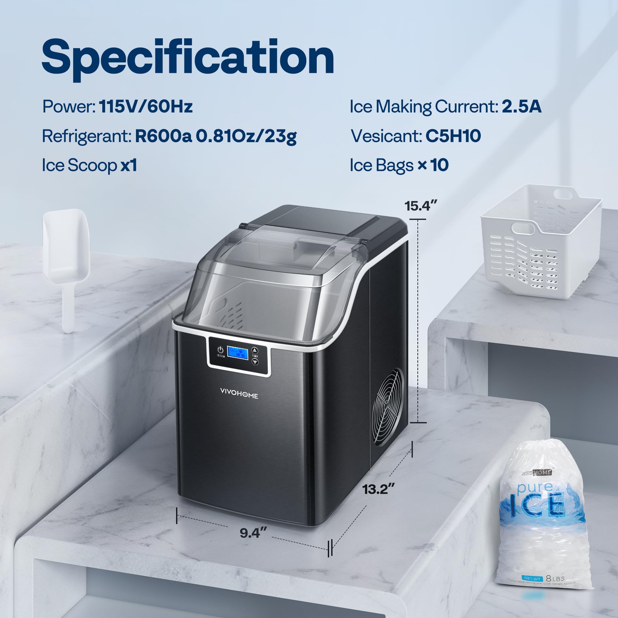 VIVOHOME Countertop Nugget Ice Maker Machine - 44lbs/Day Portable Pebble Ice Maker with Self-Cleaning, Soft Chewable Pellet Ice, Includes Scoop & 10 Ice Bags - Perfect for Home Kitchen, Office, RV, Camping, Parties & Outdoor Adventures