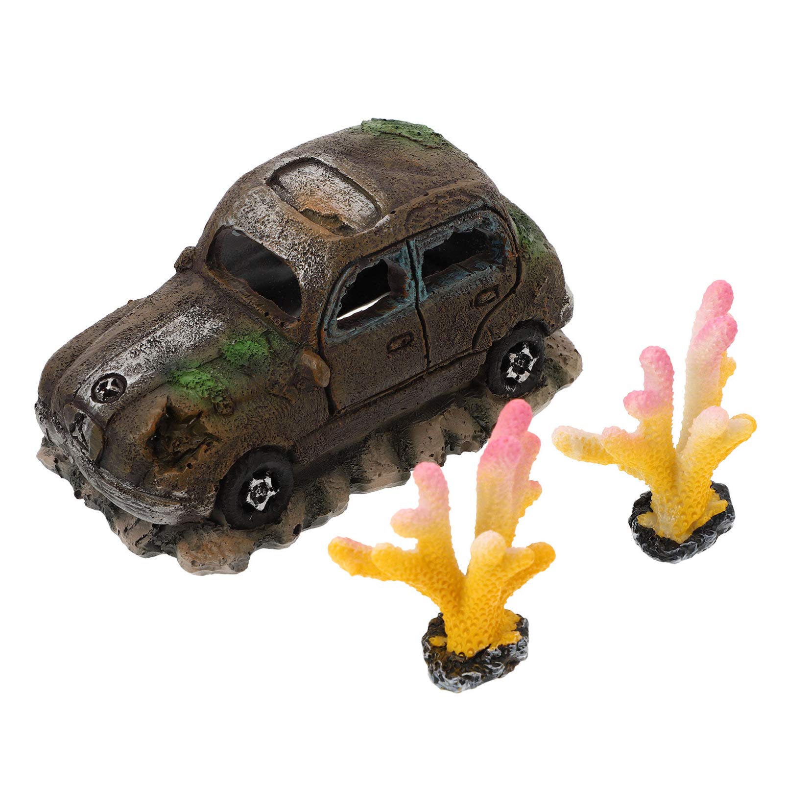POPETPOP Fish Tank Car Wreck Decor with 2 Coral Ornaments - Resin Aquarium Decoration for Underwater Landscape & Fish Hideout - Perfect for Home Aquariums & Office Fish Tanks