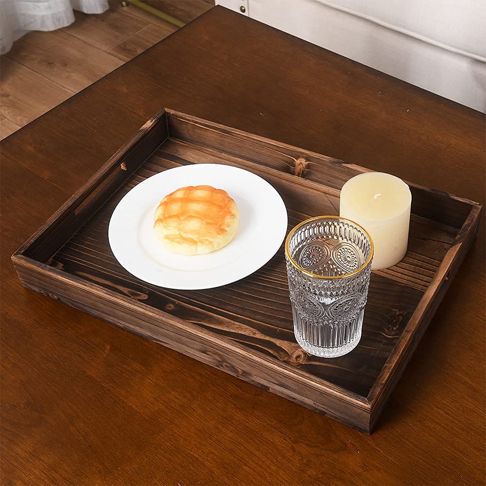 Rustic Wooden Serving Tray Set of 3 - Handled Nesting Trays for Coffee, Food & Drinks | Ottoman Tray, Decorative Platter for Dining, Living Room & Bedroom Use | Brown Retro Style Wood Trays