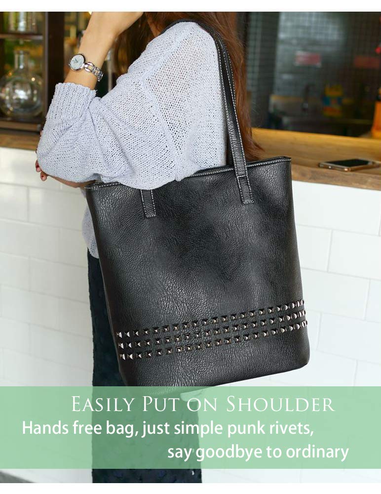 Stylish Large PU Leather Tote Bag for Women - Studded Shoulder Bag with Long Handles - Perfect for Work, Shopping & School - Black Women's Handbag