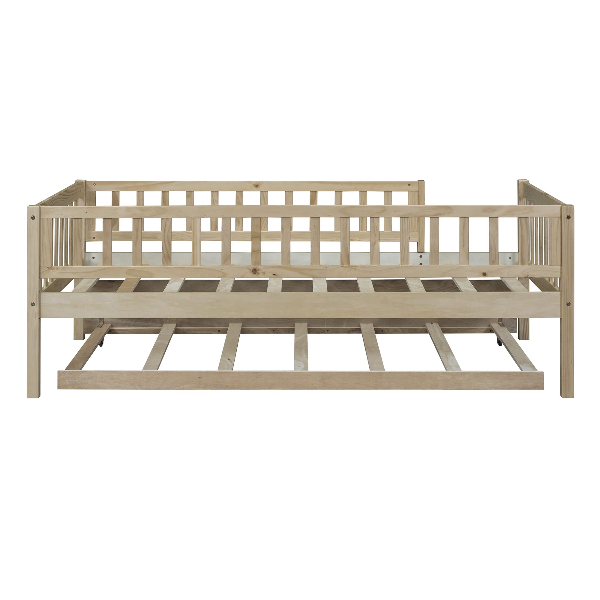 Montessori Twin Size Wooden Toddler Daybed with Safety Fence & Trundle - Low Bed Frame with Guard Rails for Kids, Boys & Girls - Natural Wood Finish - Perfect for Daytime Naps, Playroom & Montessori Bedrooms