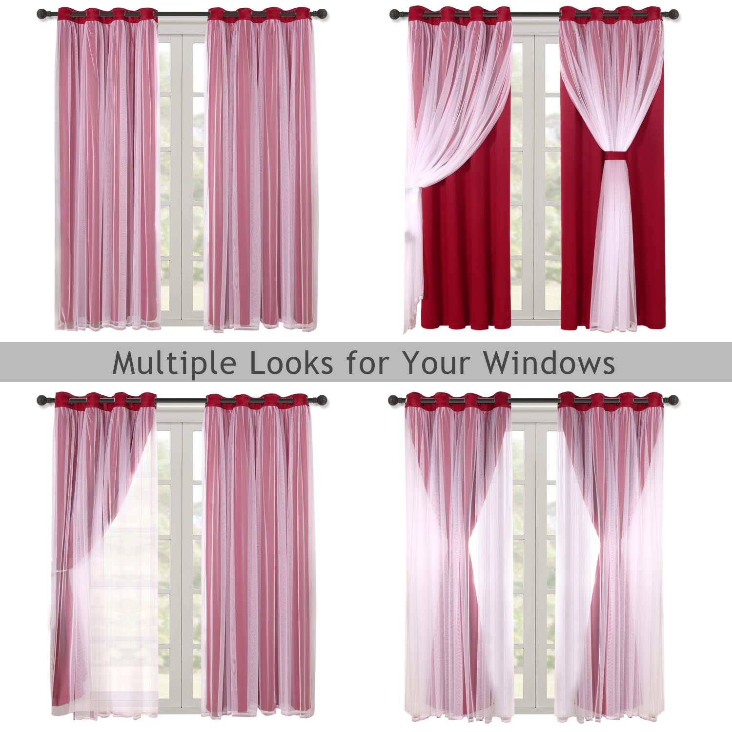 BONZER Double Layer Blackout Curtains with Sheer Voile - 52x63 Inch Set of 2 Panels, Red - Thermal Insulated Grommet Drapes for Bedroom & Living Room - Mix & Match Window Treatments for Light Control & Privacy