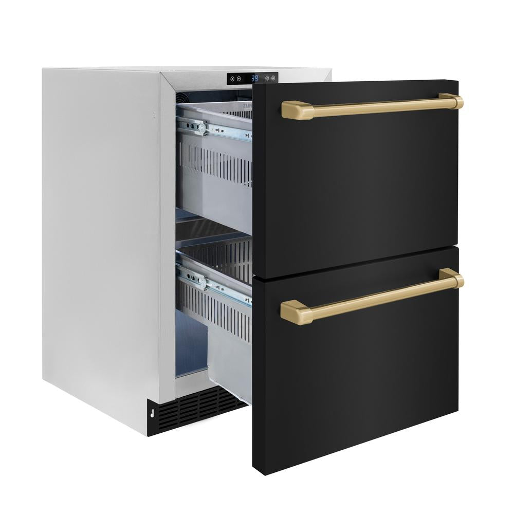 ZLINE Autograph Edition 24 Inch Touchstone 168 Can Outdoor Rated Dual Refrigerator Drawer - Black Stainless Steel Doors with Champagne Bronze Handles (RDSOZ BS 24 CB) | Perfect for Outdoor Kitchens, Patio Bars & Entertaining Areas