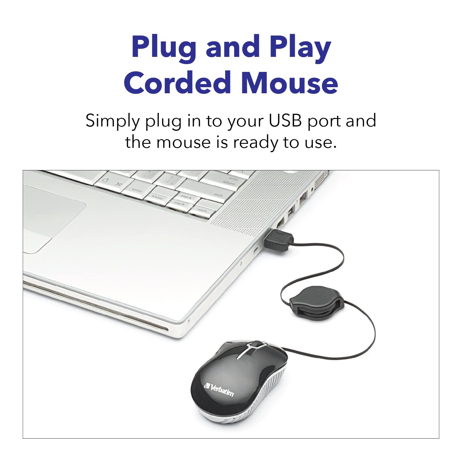 Verbatim Wired Optical USB-A Mini Mouse - Plug & Play Compact Travel Mouse with Retractable Cable for Laptop & PC (Black 98113) - Perfect for Office, Home & On-the-Go Use