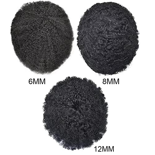 Afro Toupee for Black Men - African American Full Poly Thin Skin Hair System | Brazilian Human Hair Replacement with Weaves (8x10 Inches, #1 Jet Black, 12mm Afro Wave Curl) | Perfect for Daily Wear, Special Occasions & Hair Loss Solutions