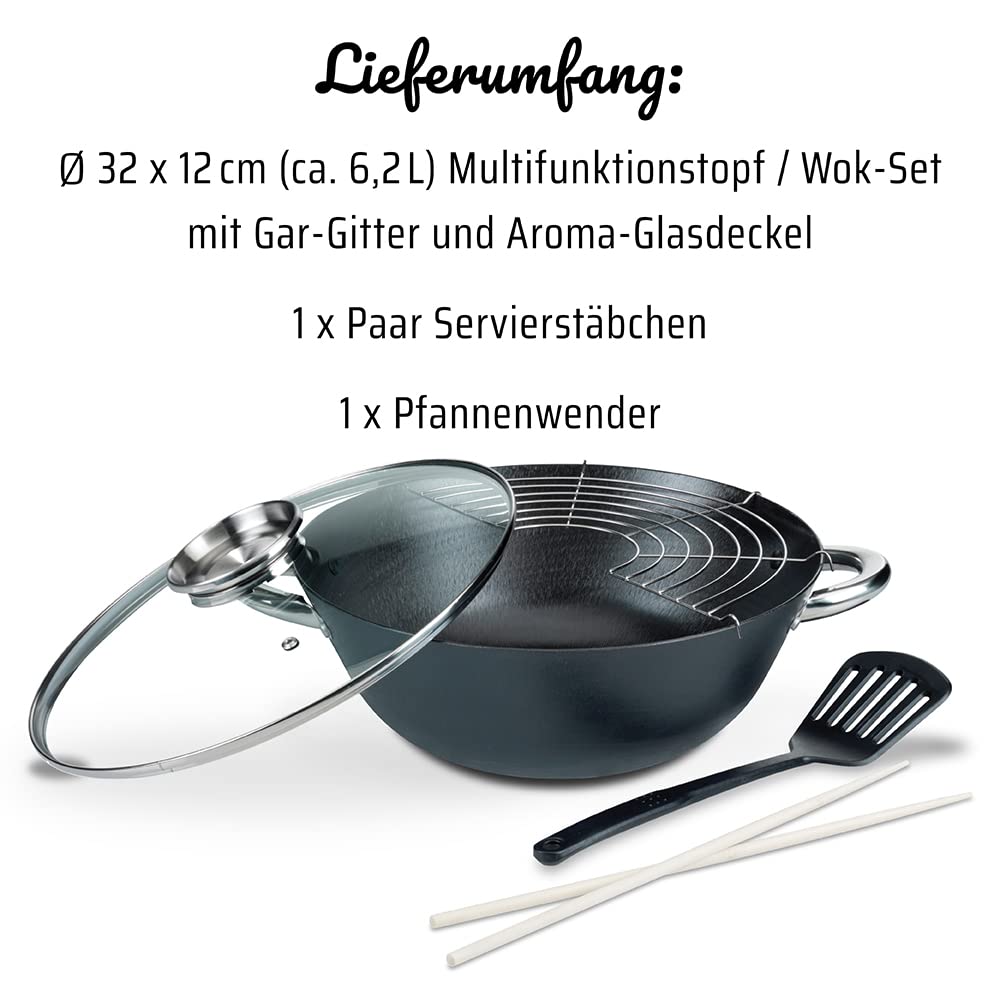 **GSW 860956 Professional Cast Iron Wok Set – 5-Piece Multifunctional Cookware with Glass Lid, 6.2L, Black, 32cm – Perfect for Stir-Frying, Braising & Deep Frying**