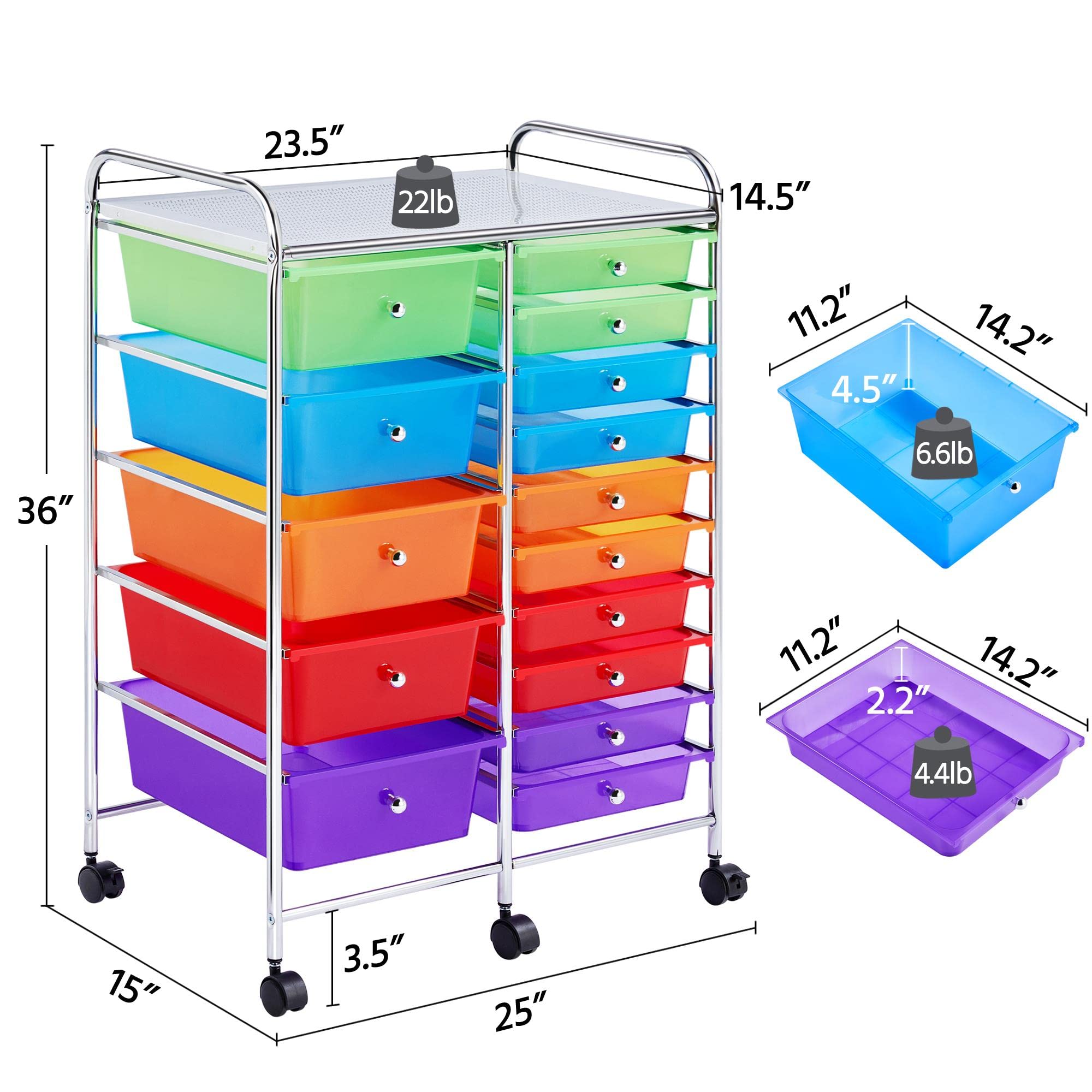 Yaheetech 15-Drawer Rolling Cart - Mobile Storage Organizer for Craft Supplies & Tools