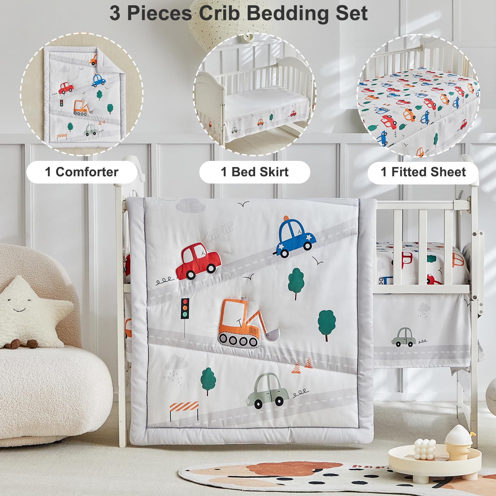 3-Piece Car Themed Crib Bedding Set for Boys - Soft Nursery Comforter Set with Quilted Blanket, Fitted Sheet & Bed Skirt | Perfect for Baby Shower Gifts & Nursery Decor