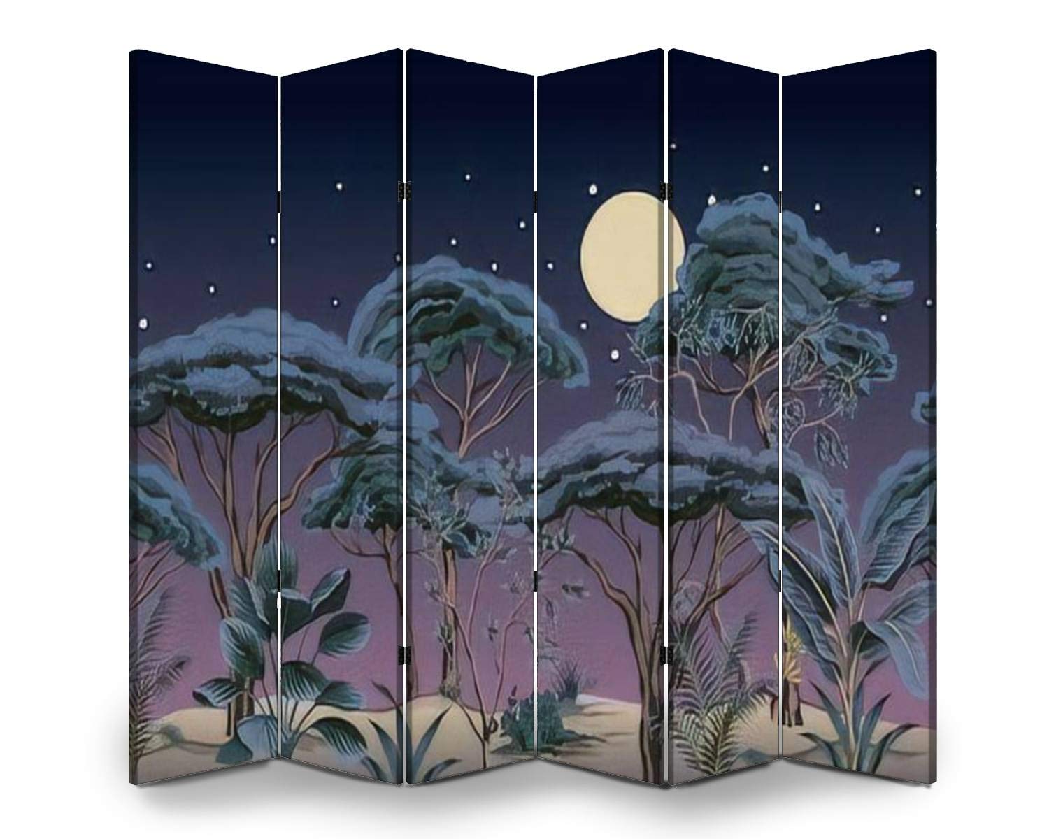 Vintage Wooden Room Divider with African Banana Tree & Palm Leaf Design - 6-Panel Folding Privacy Screen for Home Office, Bedroom Partition, and Indoor Decoration - Dual-Sided Canvas Wall Divider with Floral Moon & Star Patterns