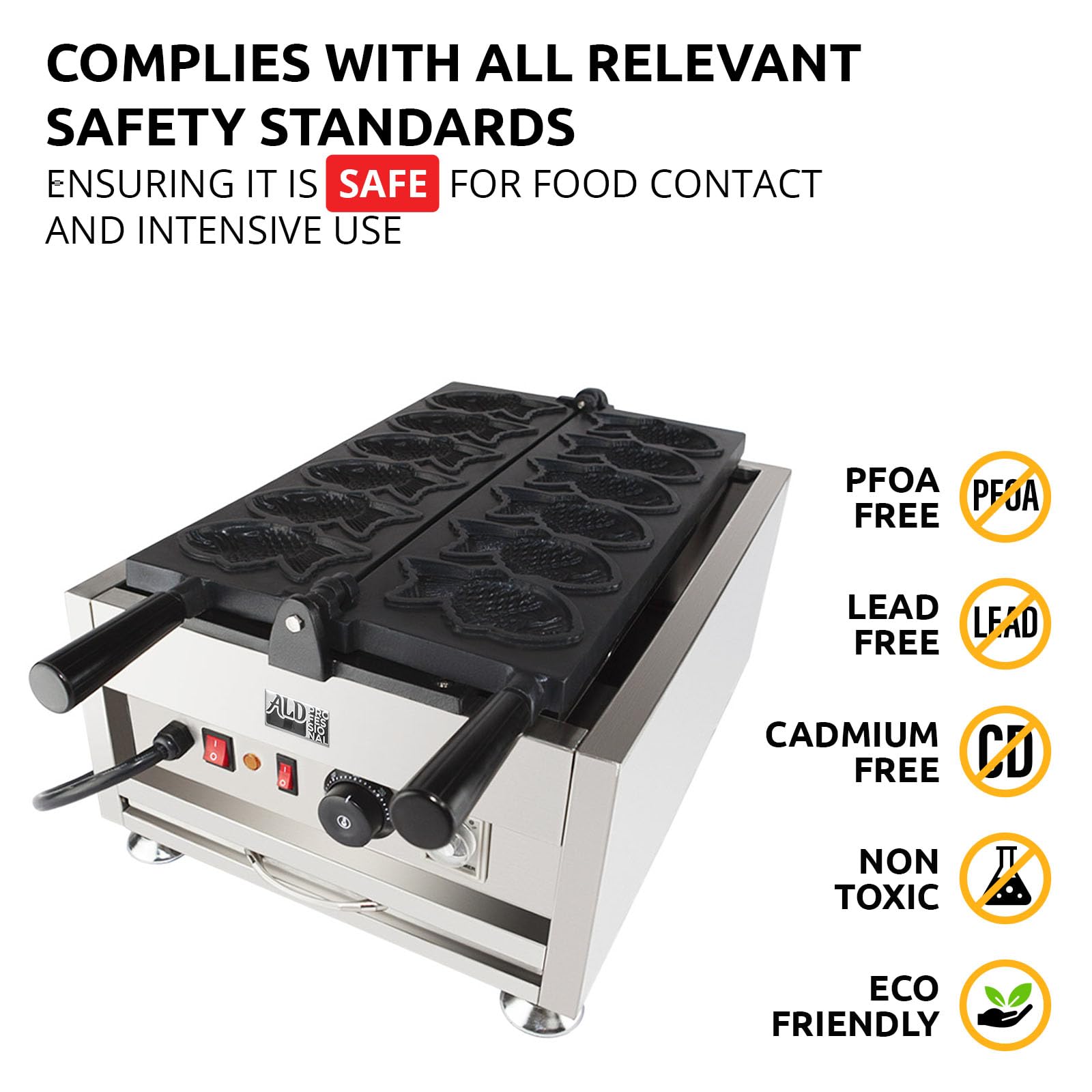ALDKitchen Taiyaki Fish Waffle Maker - Nonstick Fish-Shaped Waffle Iron for Japanese Desserts (6 Closed-Mouth Fish Molds) - Perfect for Home Baking, Street Food Snacks & Party Treats