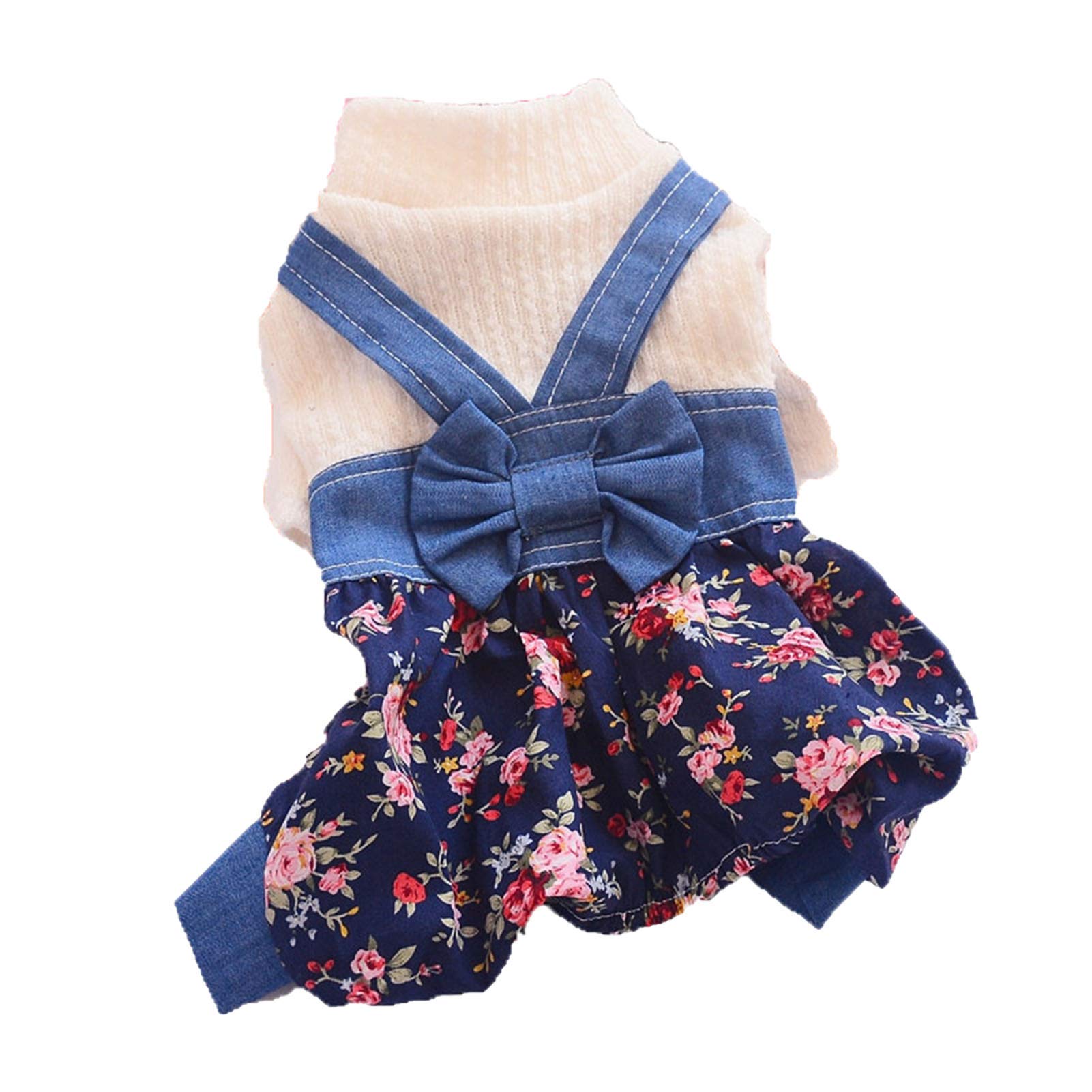 HEART SPEAKER Pet Dog Clothes - Denim Overalls with Bowknot Design, Breathable Cotton Puppy Outfit for Small Dogs, Blue Floral Print (Size XS) - Perfect for Spring Walks & Outdoor Adventures