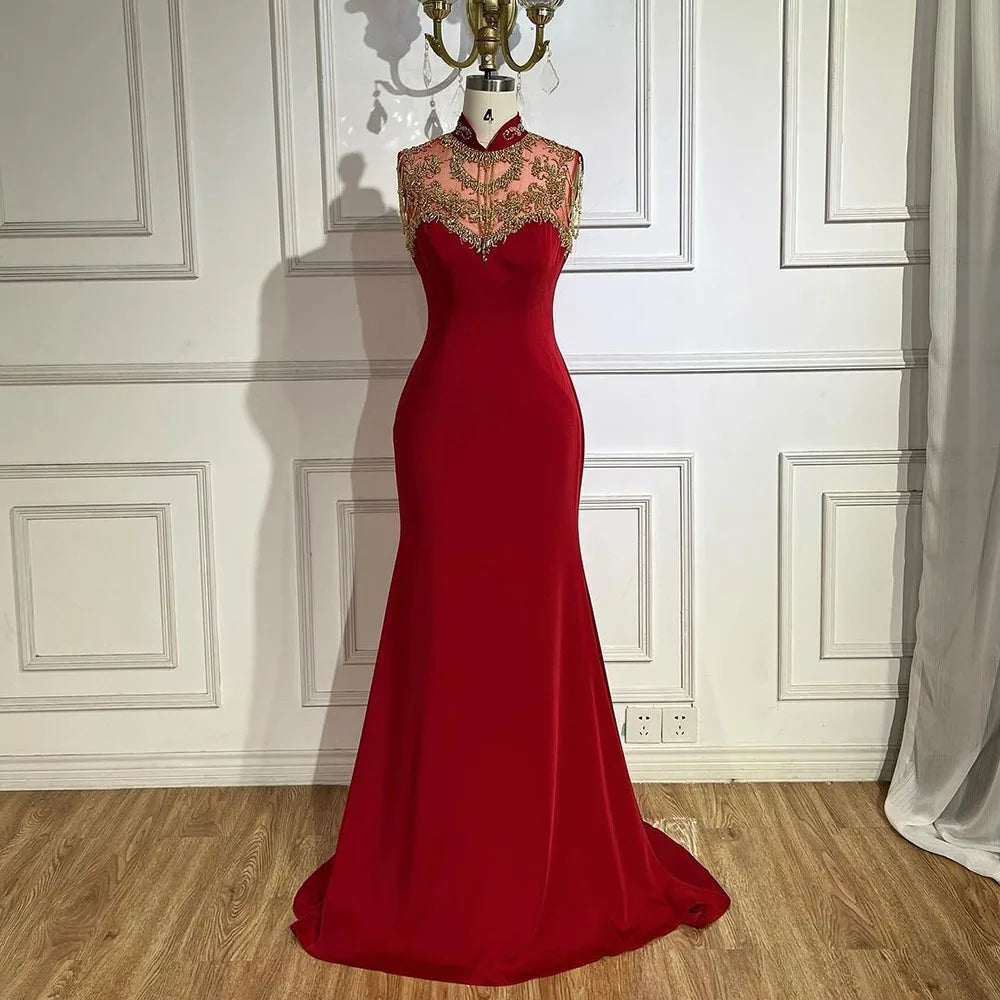Elegant Arabic Wine Red Mermaid Evening Gown with Beaded Satin for Women - Dubai Luxury Wedding & Party Dress 2025 LA72556 | Perfect for Formal Events, Galas & Special Occasions