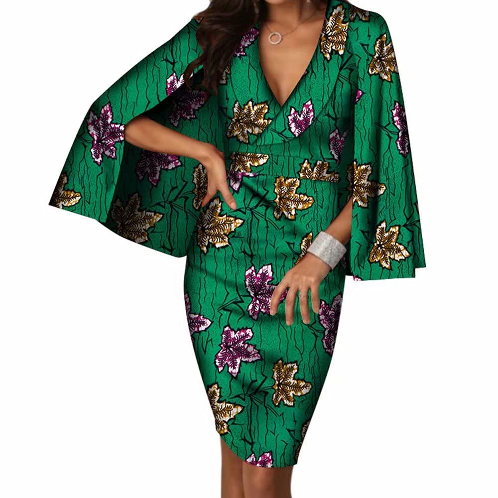 Stylish Women's Above Knee Deep V-Neck African Wax Cotton Dress - Sexy Office Wear for Ladies | Perfect for Work, Parties & Casual Outings