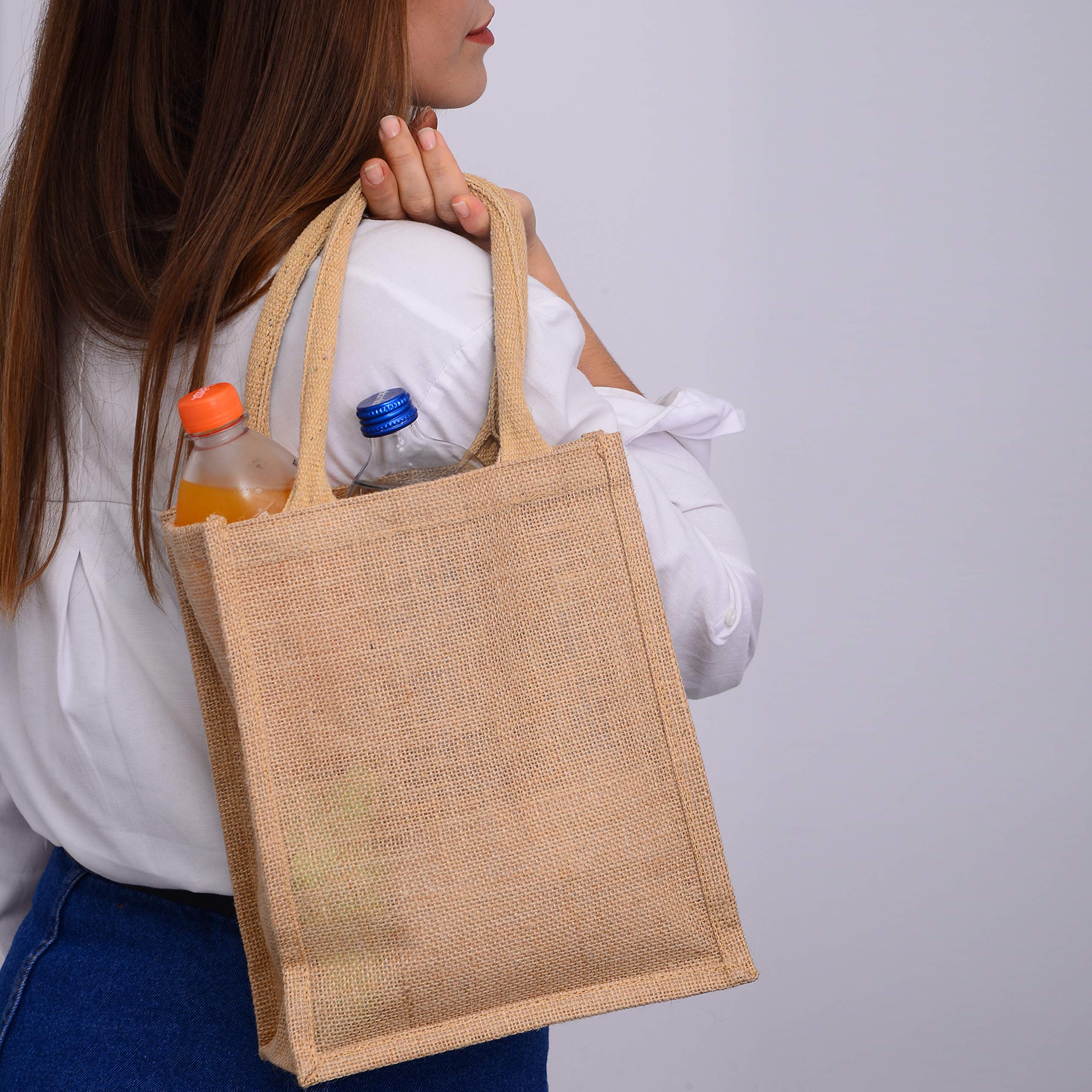 Eco-Friendly Small Jute Burlap Tote Bags - Reusable Natural Cotton Shopping Totes with Full Gusset (Set of 6) - Perfect for Books, Groceries, Gifts & Farmers Market Use