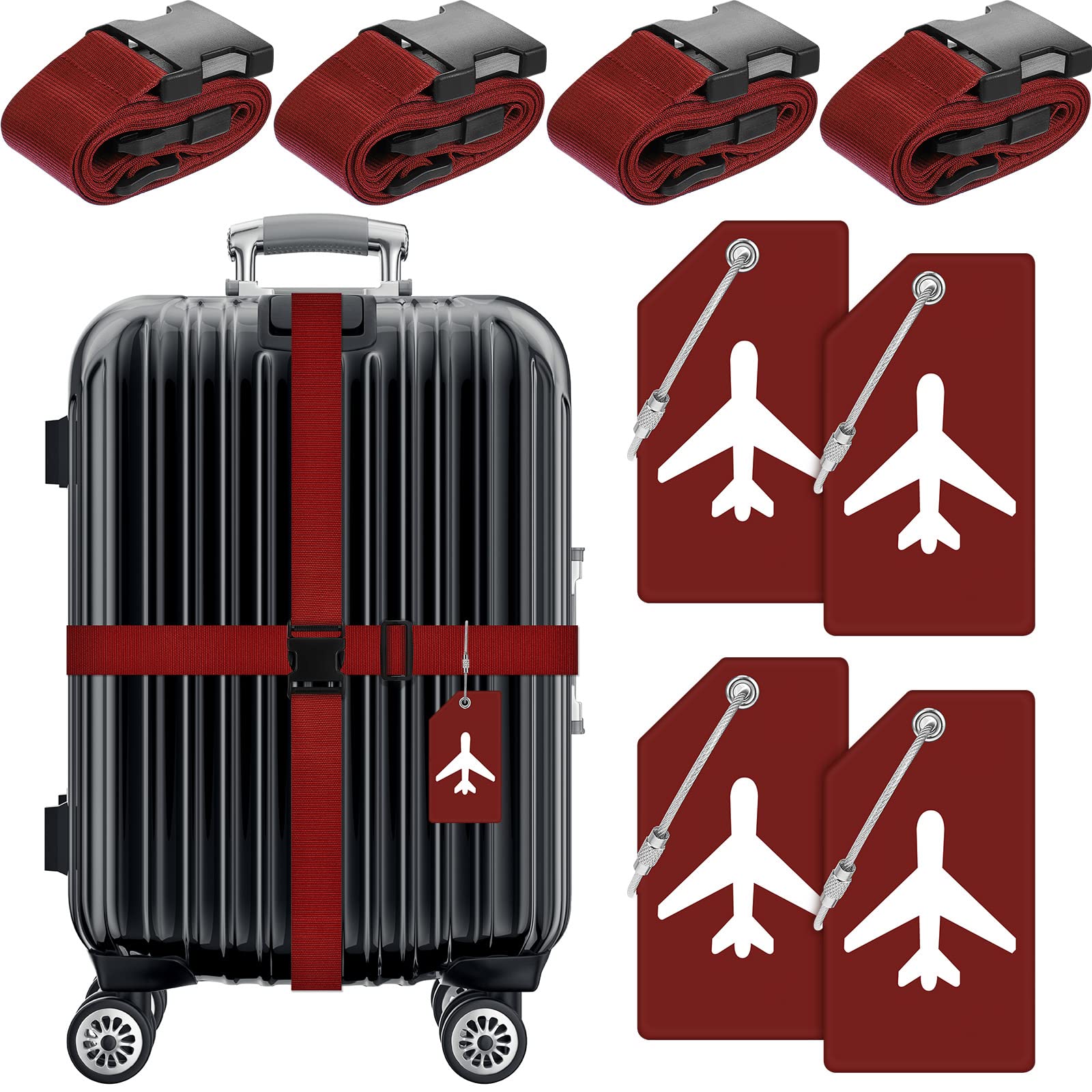 8 Pack Adjustable Luggage Straps & Silicone Suitcase Tags Set with Name ID Card - Wine Red Travel Accessories for Men & Women - Perfect for Airplane, Cruise & Business Trips