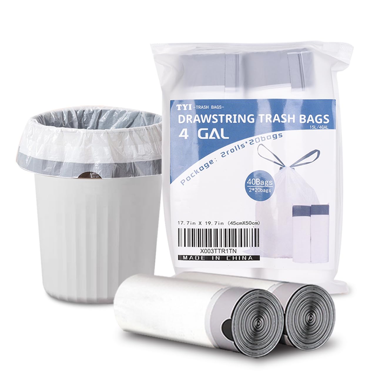 4 Gallon Trash Bags - 40 Count Heavy Duty Drawstring Garbage Bags | Unscented, Thickened Wastebasket Liners for Bathroom, Bedroom, Office & Kitchen Trash Cans | Perfect for Home, Office & Commercial Use