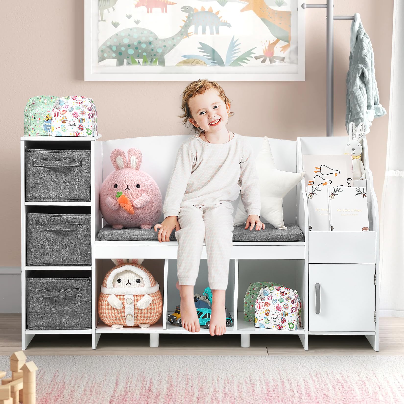 Kids Bookshelf with Reading Nook & Detachable Cushion - Sturdy Book Storage Organizer for Boys and Girls Bedroom, Playroom or Nursery | Perfect for Storytime, Reading Corners & Kids Room Organization