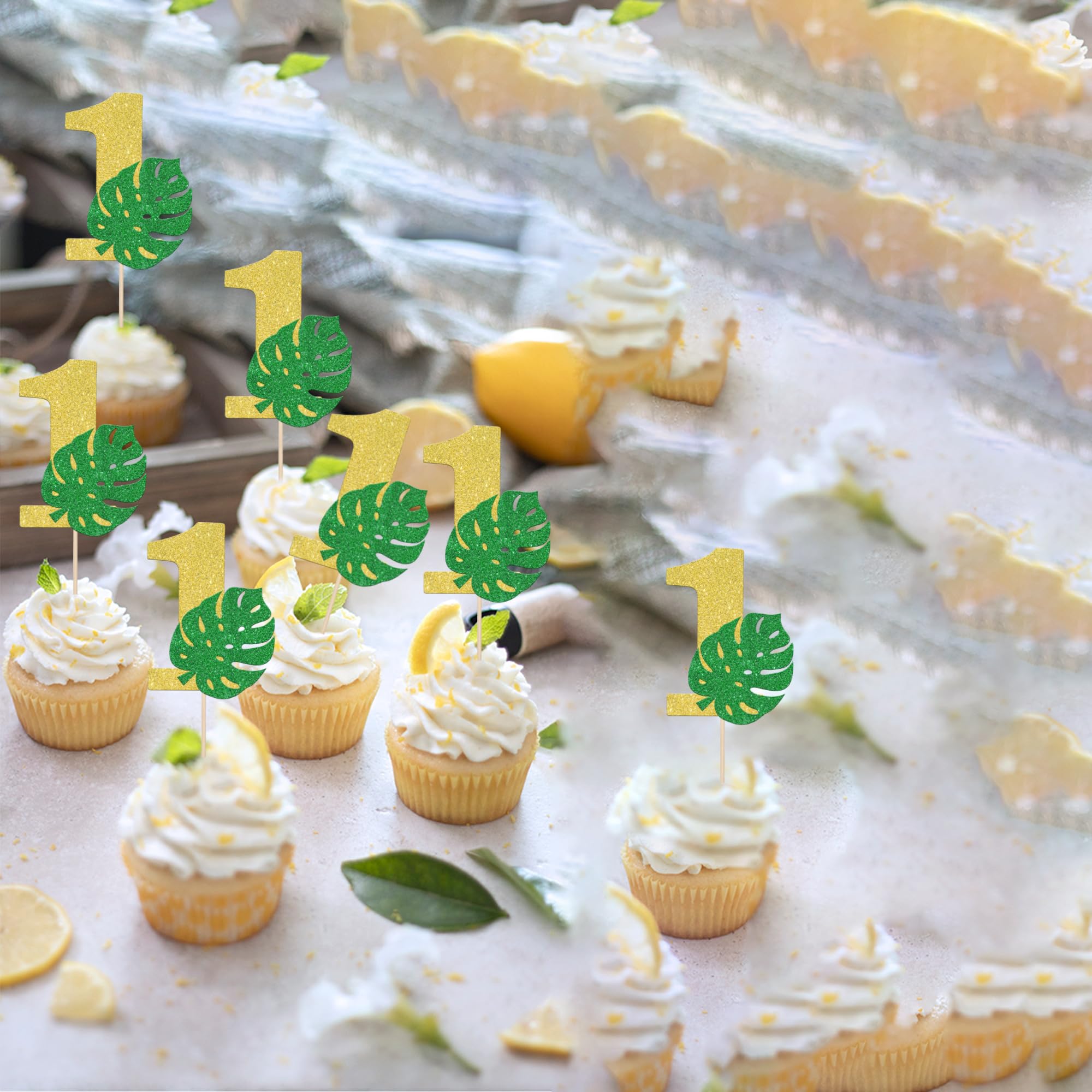 24 PCS 1st Birthday Cupcake Toppers - Glitter Number 1 Palm Leaf Cake Decorations for Wild One Baby Shower & Kids Birthday Party Supplies - Perfect for Cake, Cupcake, and Dessert Decorating