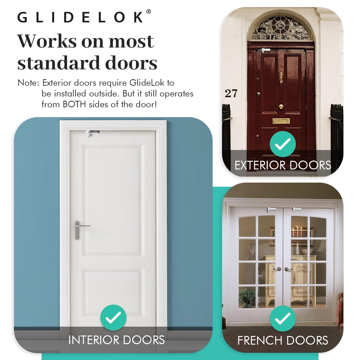 4 Pack GlideLok Child Safety Door Top Lock - Dual-Sided Access for Interior & Exterior Doors - Durable Metal Child Proof Lock (Not Plastic) - Perfect for Baby Proofing Homes, Nurseries & Pet Safety