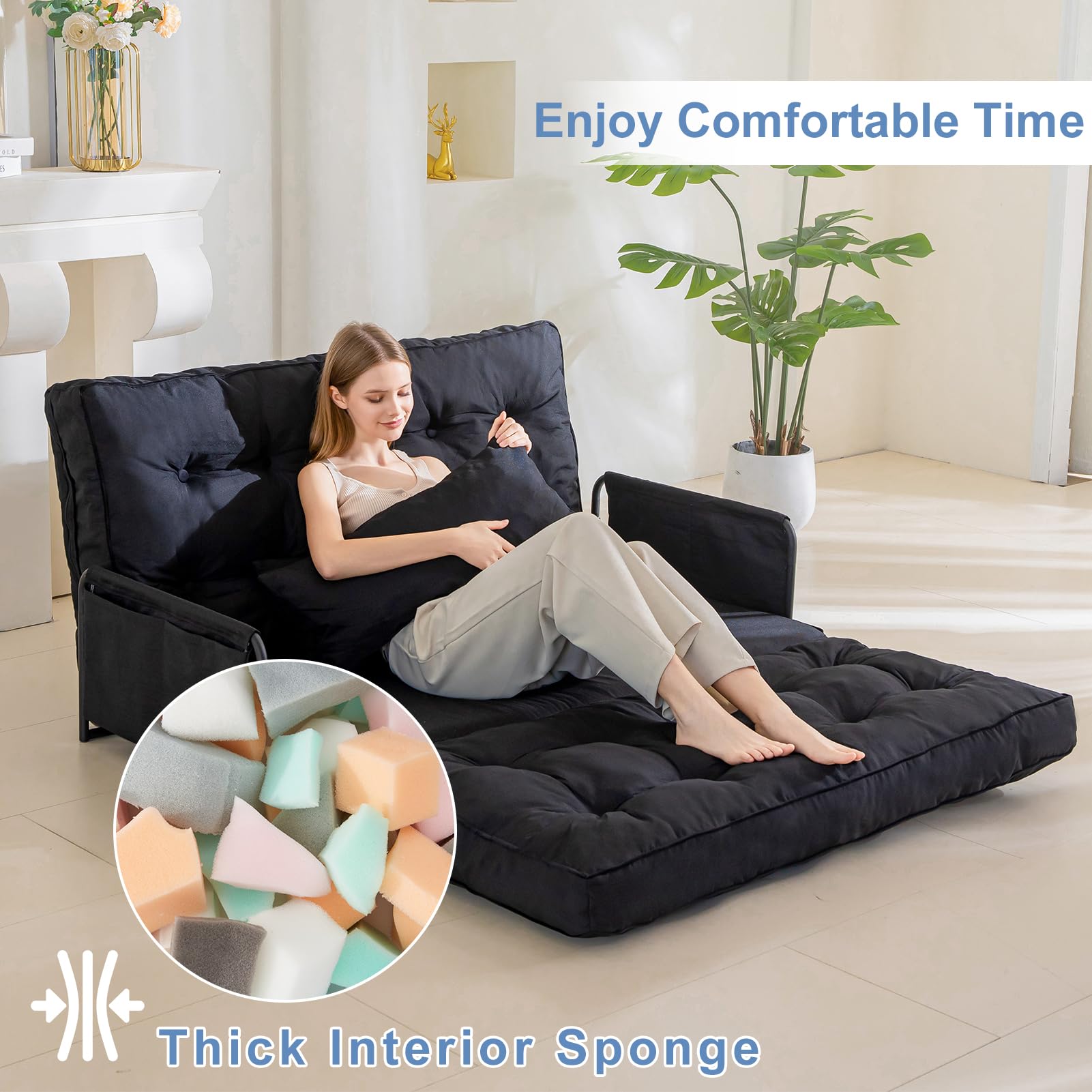 MAXYOYO Adjustable Floor Sofa Bed - Multi Functional Folding Couch with 2 Pillows (Black) | Perfect for Small Spaces, Guest Room & Living Room Lounging