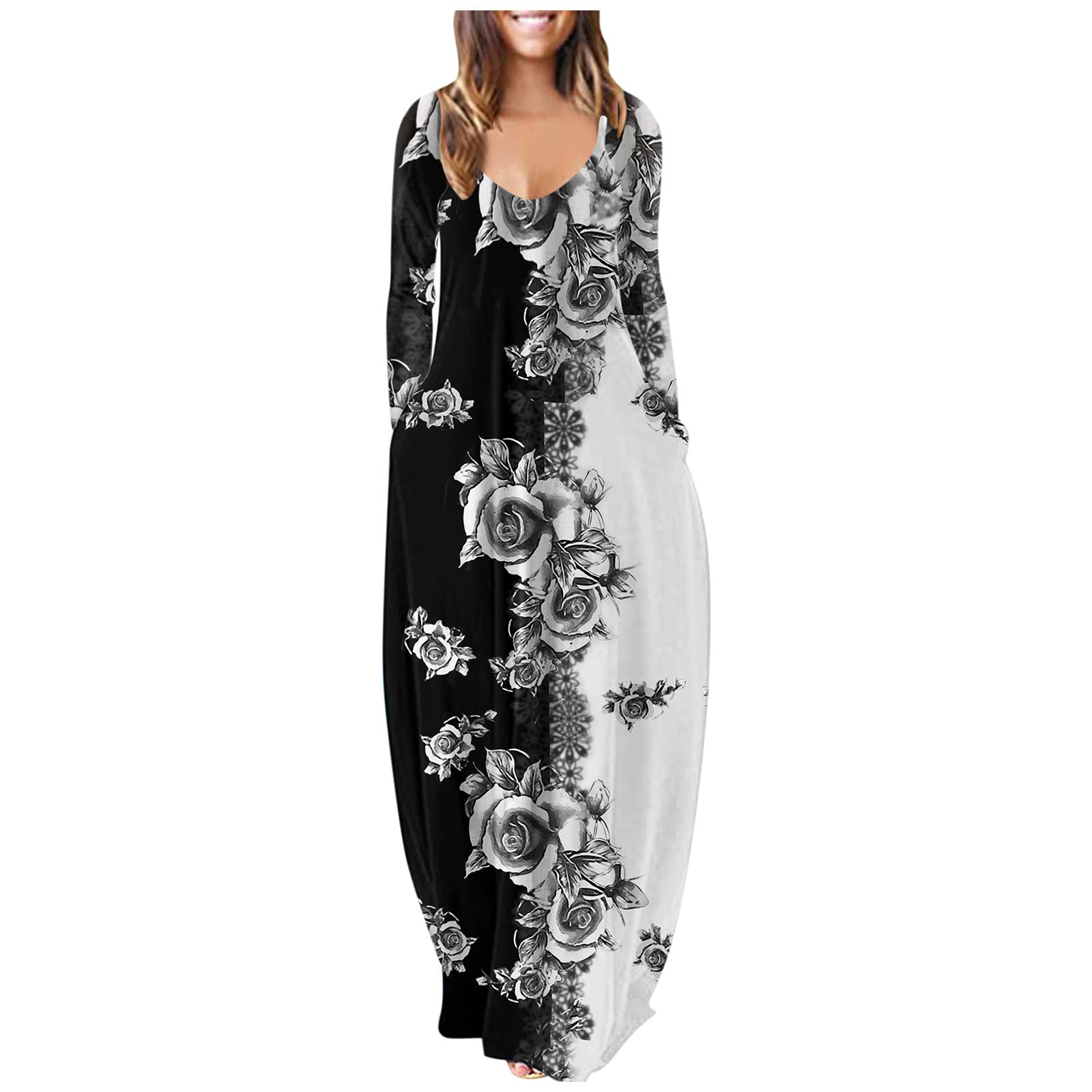 Pinkpaopao Women's Flowy Boho Dress - High Waist Casual Party Swing Dress with Long Sleeves | Perfect for Fall Outfits, Date Nights & Boho Chic Style