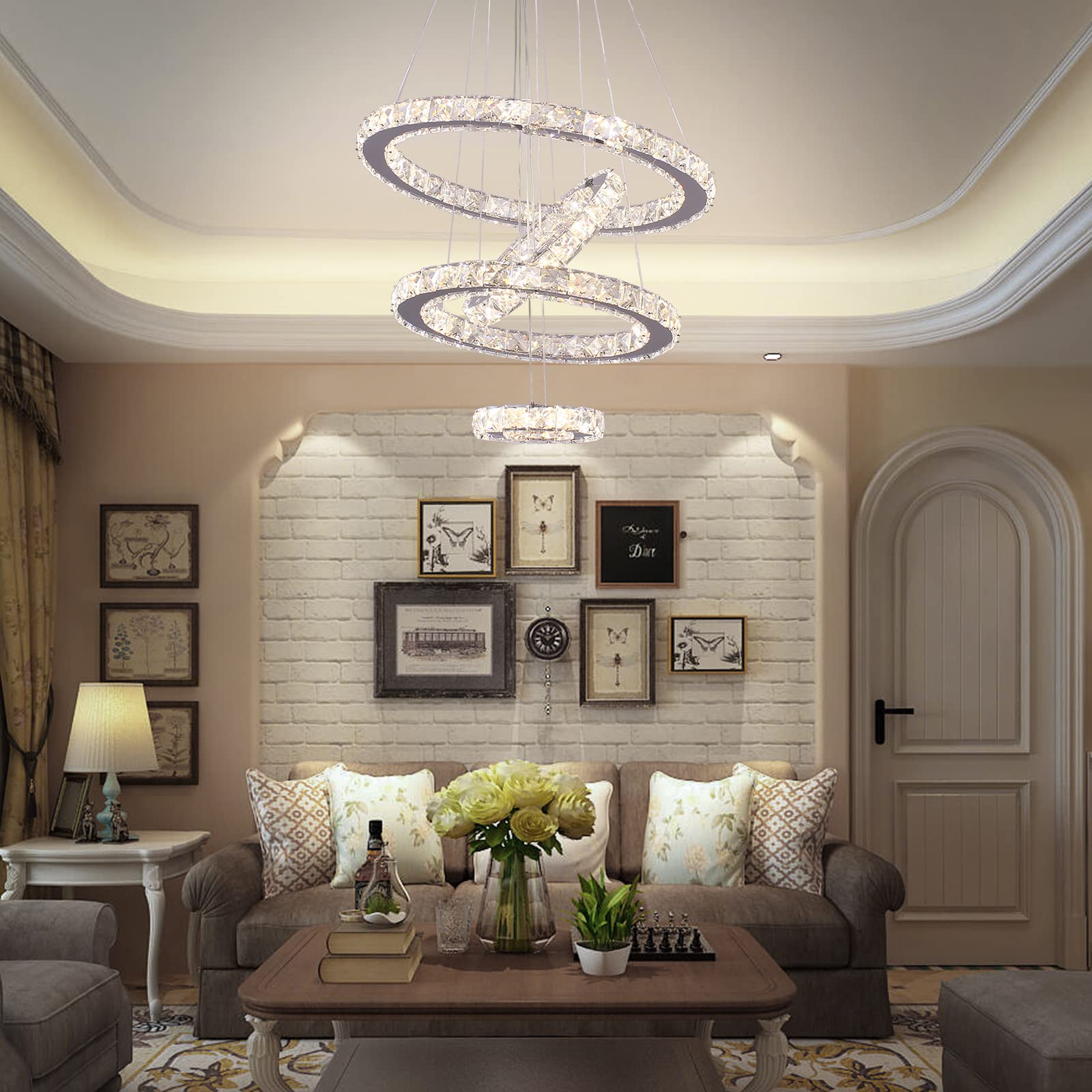 Modern LED Crystal Chandelier - Adjustable Stainless Steel Pendant Light Fixture with Dimmable Rings for Living Room, Dining Room, Bedroom | Elegant Home Lighting for Parties, Weddings & Luxury Interior Decor