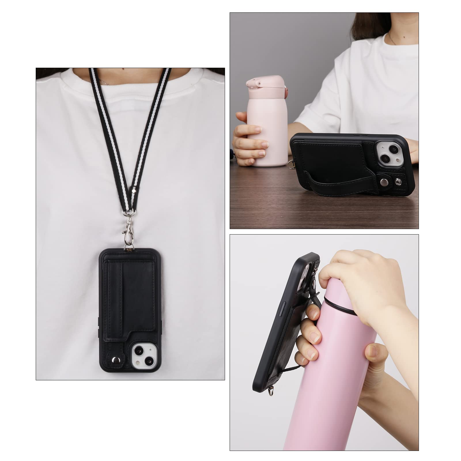 TOOVREN iPhone 13 Wallet Case with Card Holder & Phone Lanyard - PU Leather Protective Cover with Stand for iPhone 13 (6.1 Inch) - Black - Perfect for Everyday Use, Travel & Hands-Free Convenience (Men & Women)