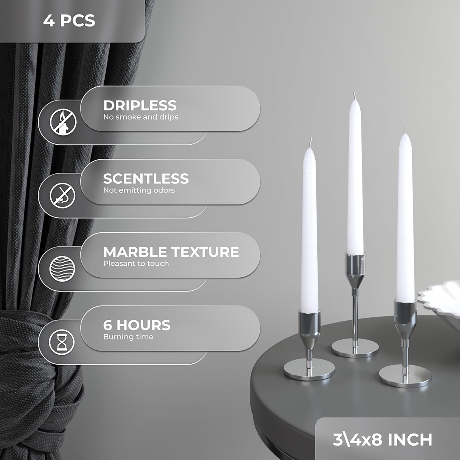 White Taper Candles 8 Inch - Set of 4 Dripless Dinner Candles for Romantic Dining
