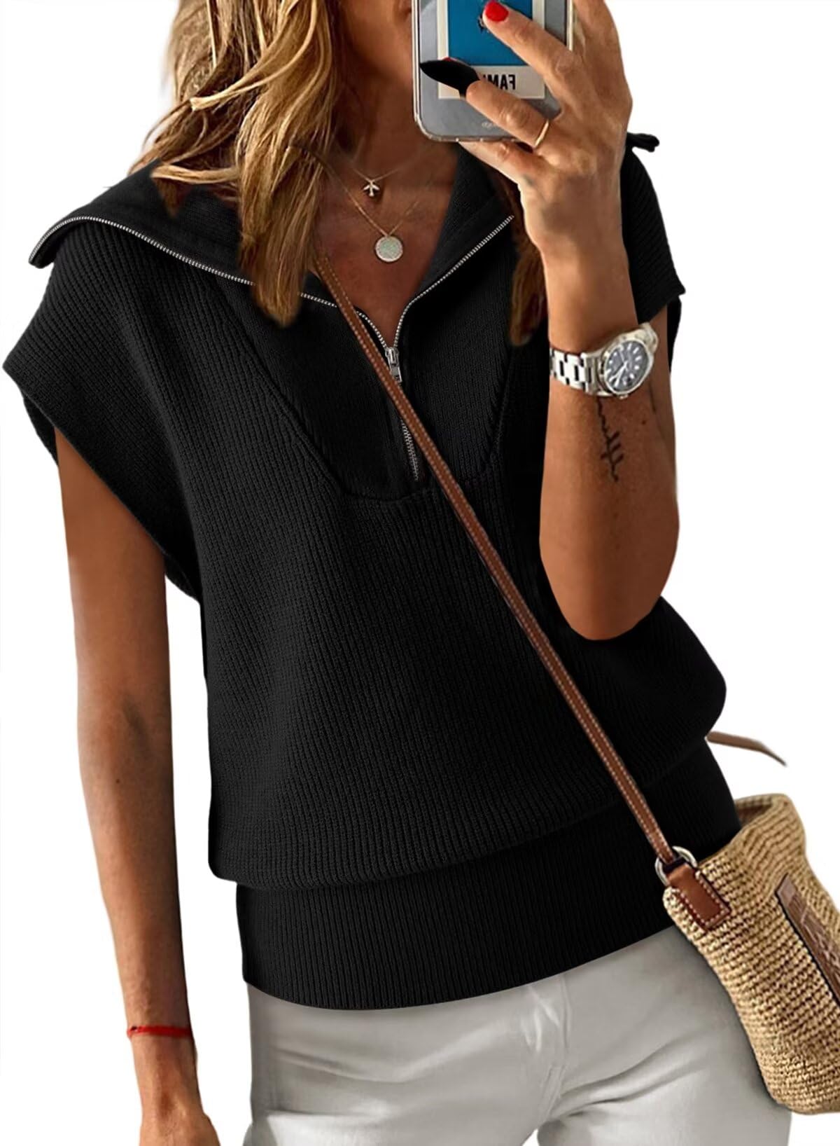 Dokotoo Women's Casual Sleeveless Half Zip Pullover Sweater - Solid V Neck Collar Ribbed Knit Loose Fit Cardigan for Spring & Fall Layering | Office, Travel, Weekend Outfits