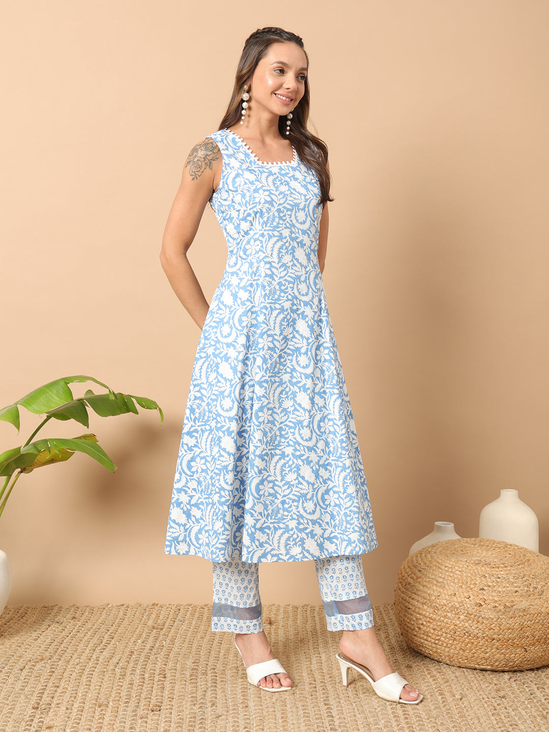 Stylish Blue Cotton Pant Suit with Designer Print - Perfect for Office Wear & Professional Occasions