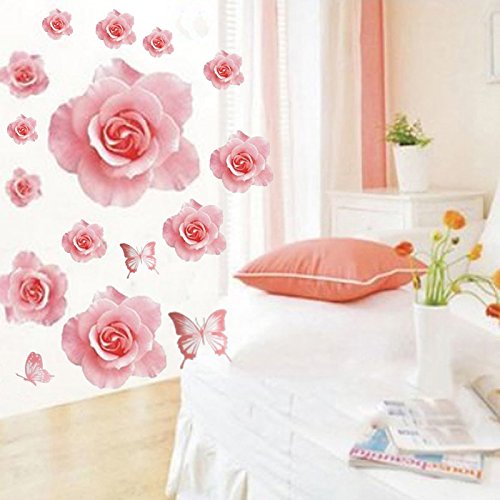 WOCACHI 3D Pink Rose Flower Wall Stickers - Removable Vinyl Decals for Home Decor, Nursery, Living Room | Peel & Stick Wall Art Mural, DIY Room Decoration | Perfect for Bedroom, Kids Room & Office Spaces