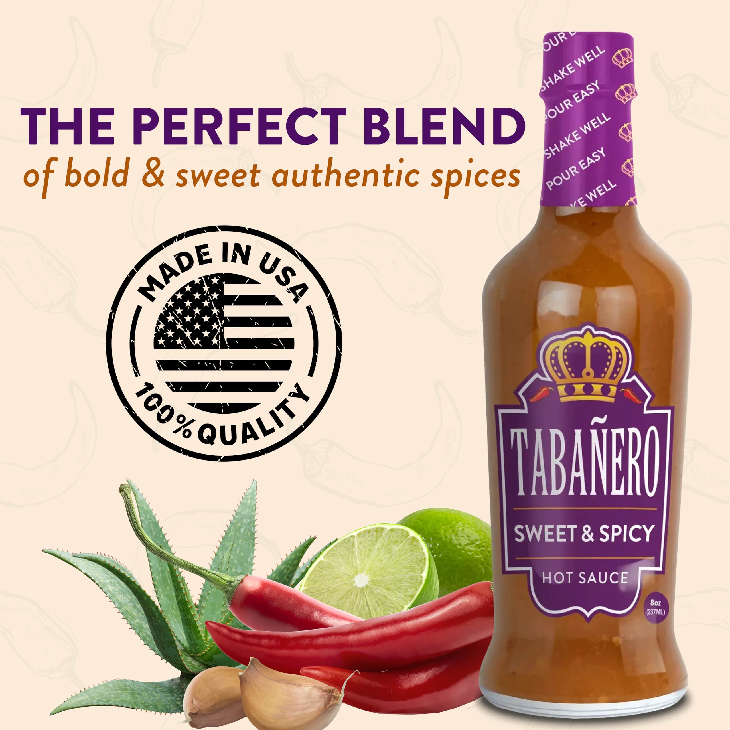 Tabañero Spicy Agave Hot Sauce - All Natural, Gluten Free, Low Sodium, Vegan & Kosher - Made in USA - 6 Pack (8 Oz Bottles) - Perfect for Tacos, Wings & Bloody Marys