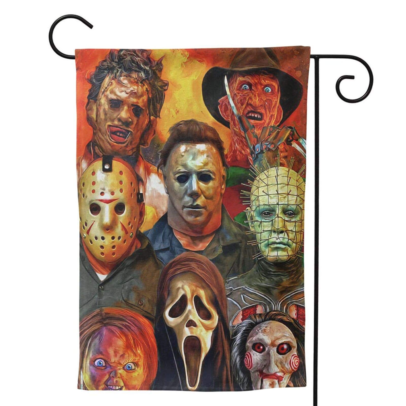 SKEGVINRE Halloween Horror Movie Characters Double-Sided Garden Flag - Funny Vertical Yard Banner for All Seasons & Holidays (12.5x18.5 Inch) - Perfect for Outdoor Halloween Decor, Front Porch Display & Spooky Party Decoration