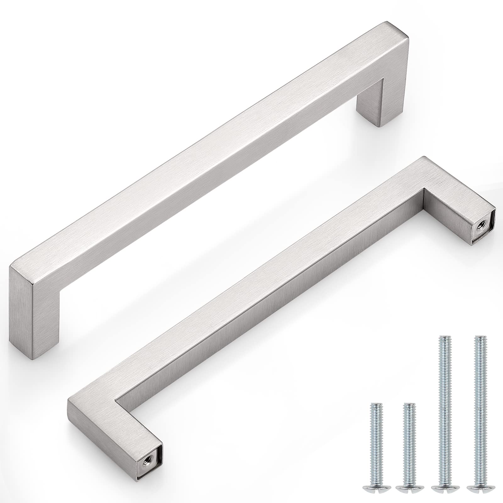 Probrico 5 Pack Brushed Nickel Square Kitchen Cabinet Handles - Modern Drawer Pulls 6-3/10in (160mm) Hole Centers - Stainless Steel Cabinet Hardware for Dresser, Bathroom & Office Furniture