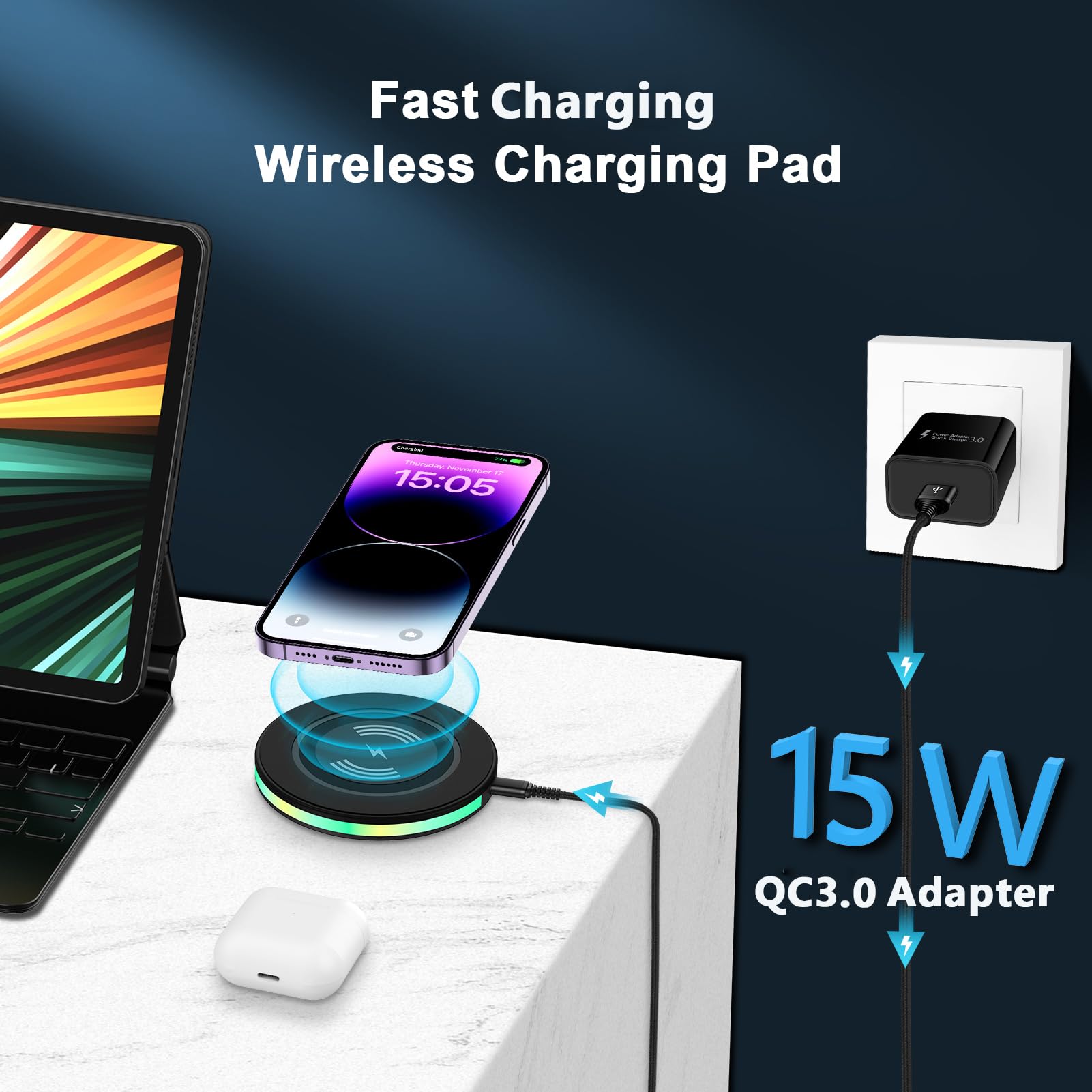 Samsung Galaxy S24 S23 Ultra Wireless Charger - 15W Fast Charging Pad Compatible with iPhone 15/14/13/12/11, Google Pixel 8/7/6/5 - Qi-Certified Charging Station for Bedside, Office & Car Use
