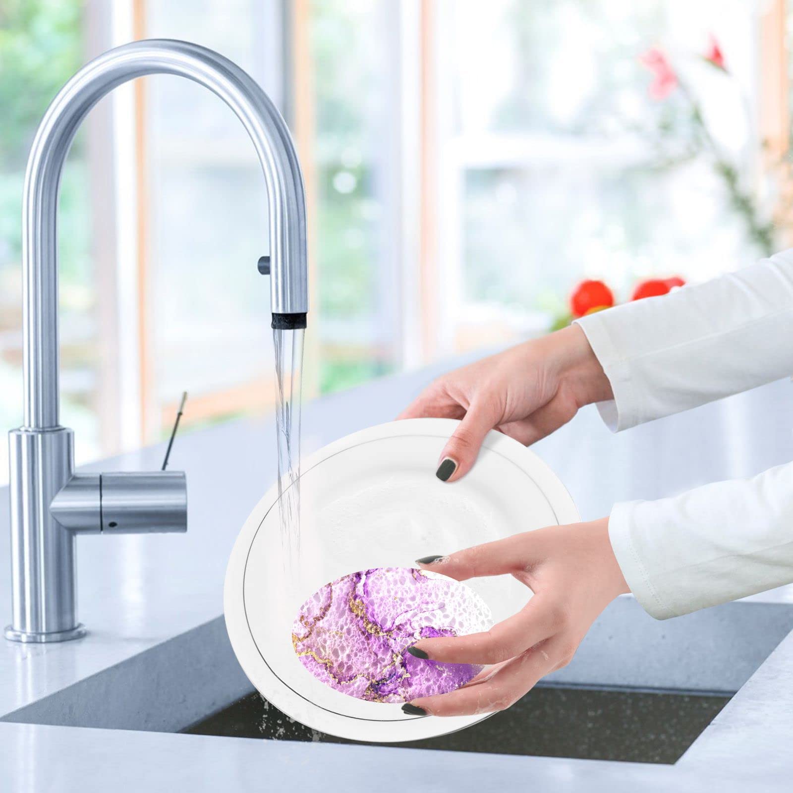 Kcldeci 3 Pack Non-Scratch Dish Sponges - Purple & Shiny Golden Alcohol Ink Design, Durable Kitchen Scrub Sponges for Dishwashing, Countertops, and Household Cleaning