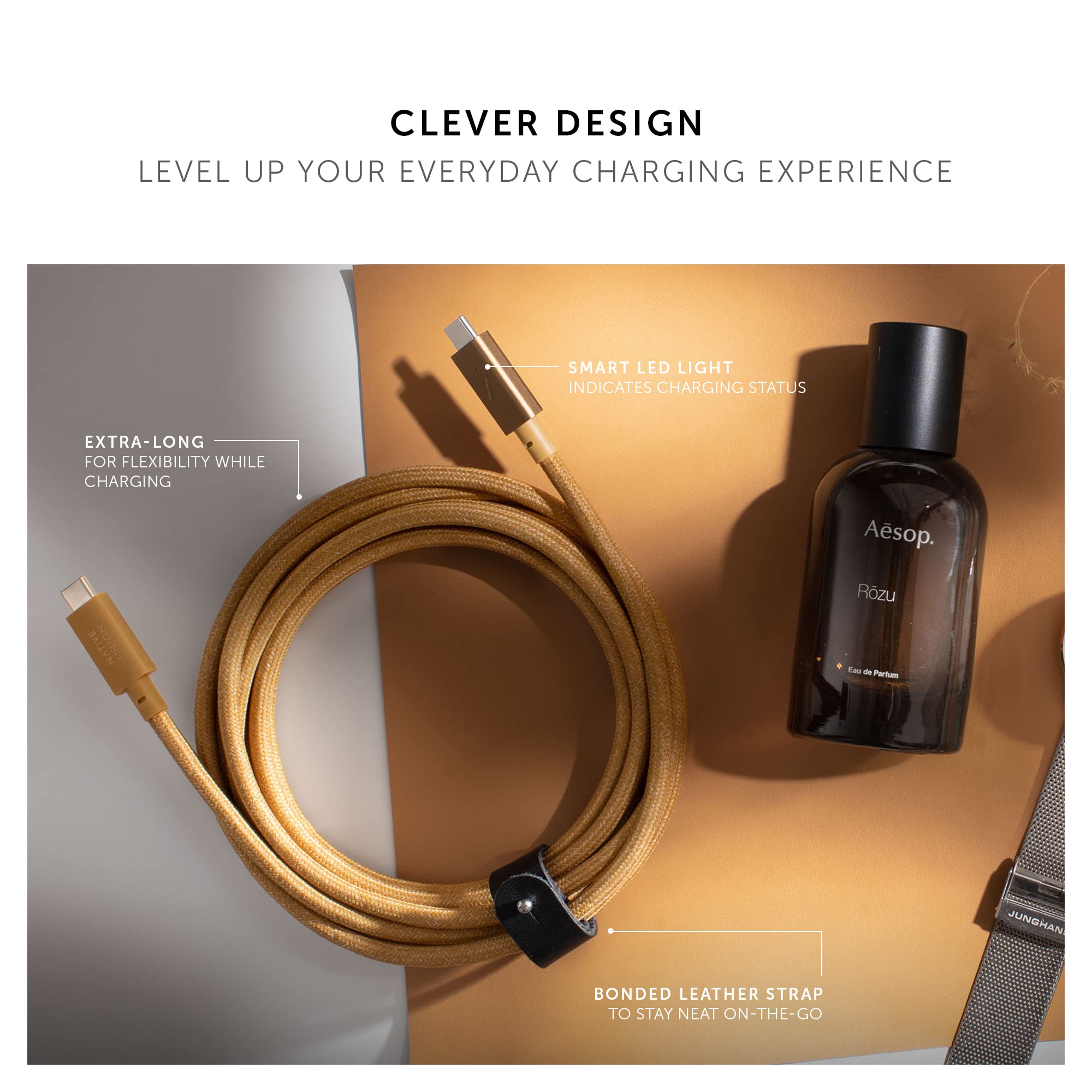 Native Union Type-C Belt Cable Pro - 240W USB-C to USB-C 8ft Ultra-Strong Nylon Braided Charging Cable with Leather Strap | Compatible with iPhone 16, 16 Pro Max, MacBook Pro 14