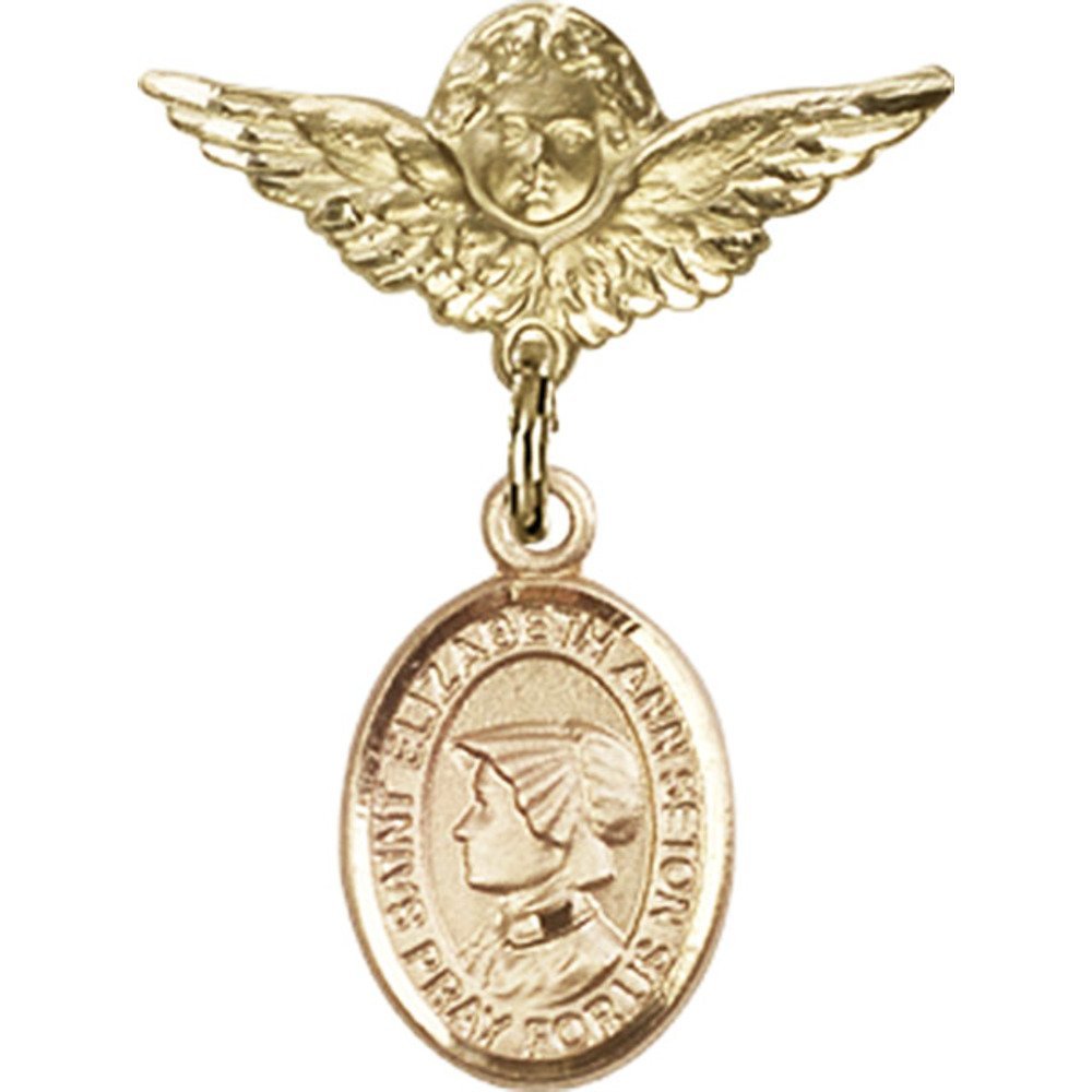 Gold Filled Baby Badge with St. Elizabeth Ann Seton Charm & Angel Wing Pin - 1