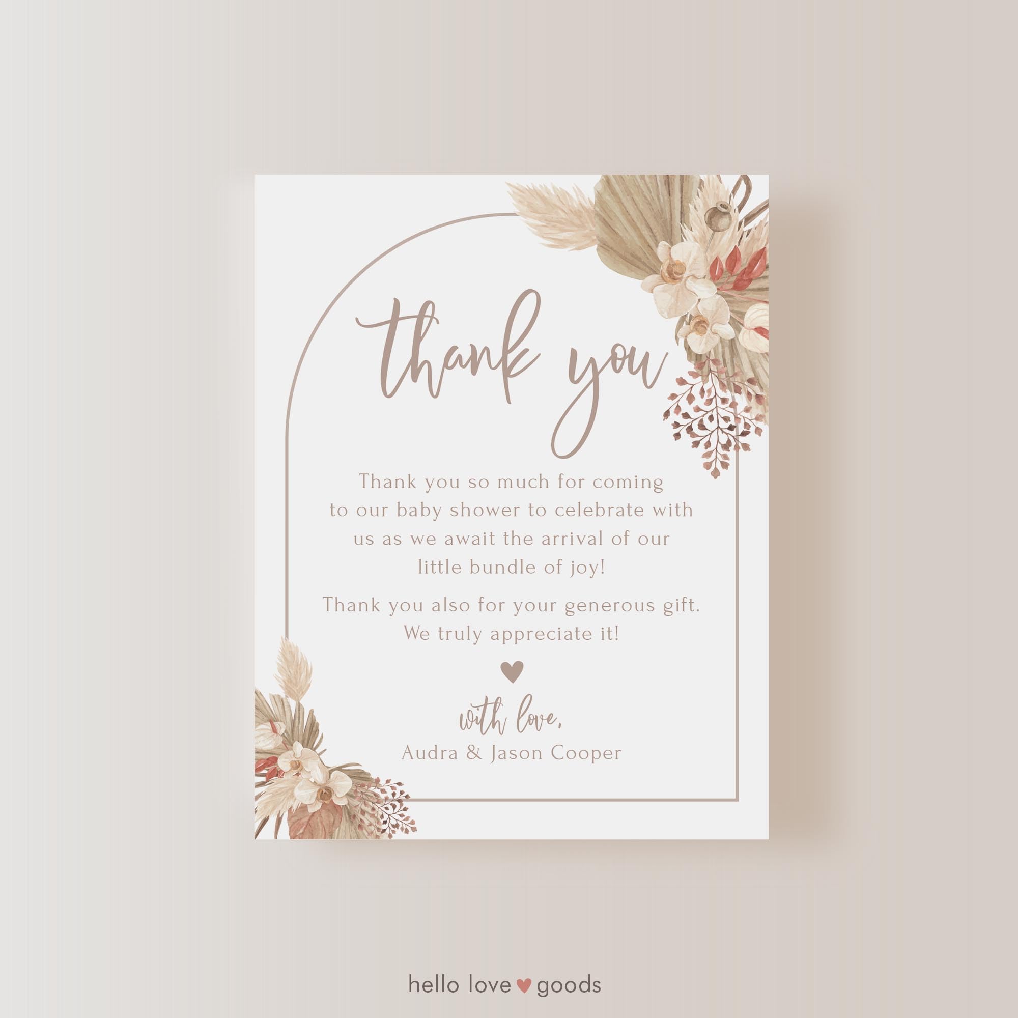 Boho Arch Pampas Grass Baby Shower Thank You Cards - Personalized 4.25x5.5 Flat Cards with Names & Message - Includes Envelopes - Perfect for Newborn Celebrations & Gender Reveal Parties