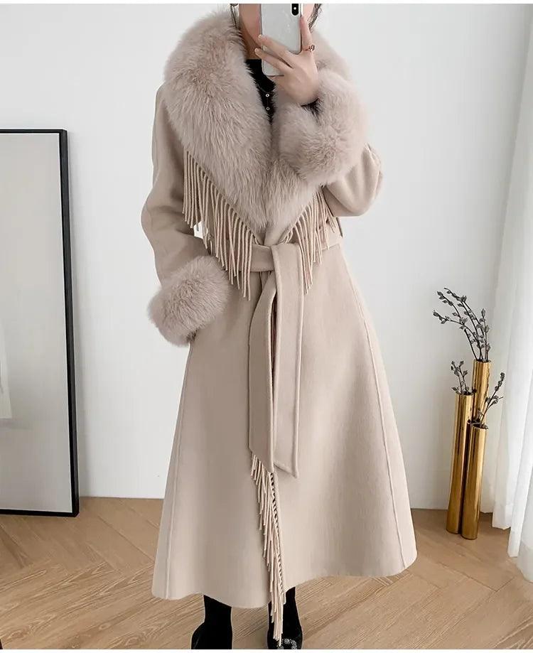 Luxury Women's Real Fur Winter Coat - Cashmere Wool Blend Jacket with Fox Fur Collar, Long Tassel Design, Warm Streetwear Outerwear for Winter Fashion, Parties & Cold Weather Protection