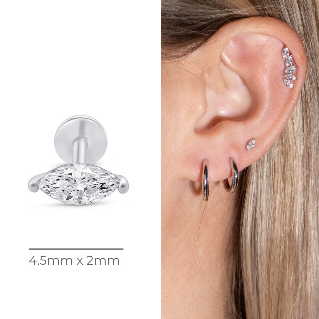 14K White Gold Marquise Stone Flat Back Stud Earrings - Elegant & Durable for Daily Wear, Parties & Special Occasions