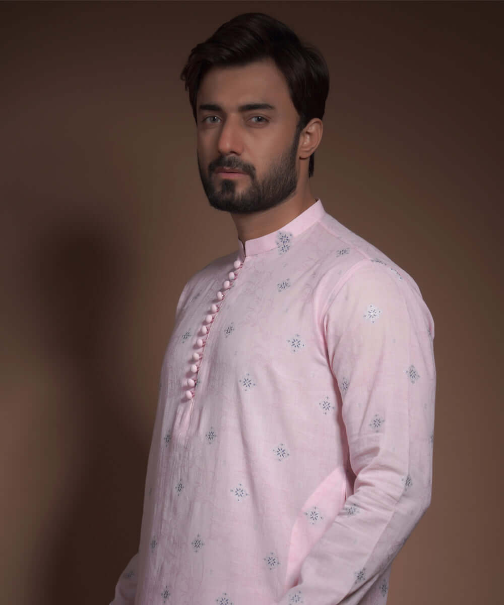 Elegant Pink Cotton Jacquard Kurta for Women | Traditional Indian Embroidered Tunic Top | Perfect for Festivals, Weddings & Casual Wear