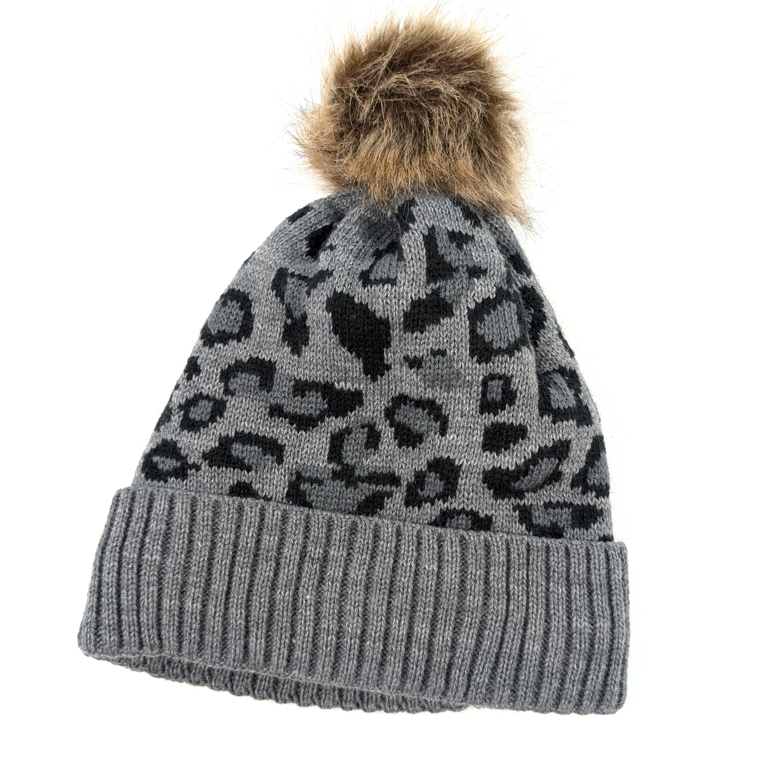 Fashionable Grey Animal Print PomPom Beanie - Cozy Winter Hat for Women & Men - Perfect for Outdoor Activities, Skiing, and Casual Wear