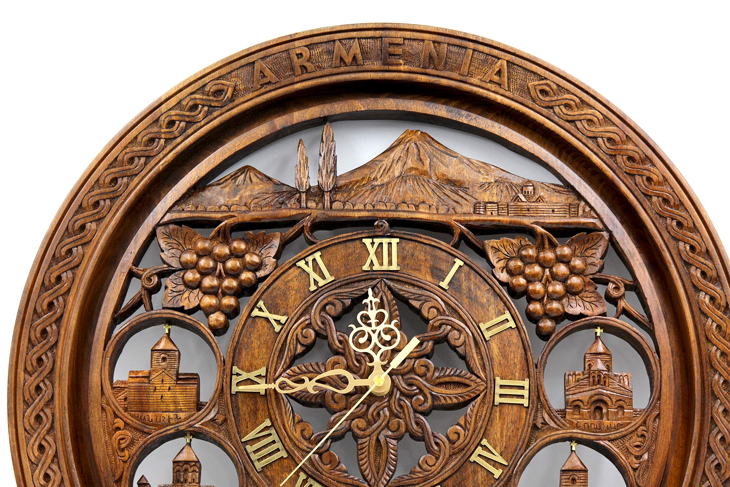 Handmade Carved Wooden Clock with Armenian Ornament - Ararat Mountain Wall Decor, Unique Wood Art Gift for Home, Office & Cabin Decorations